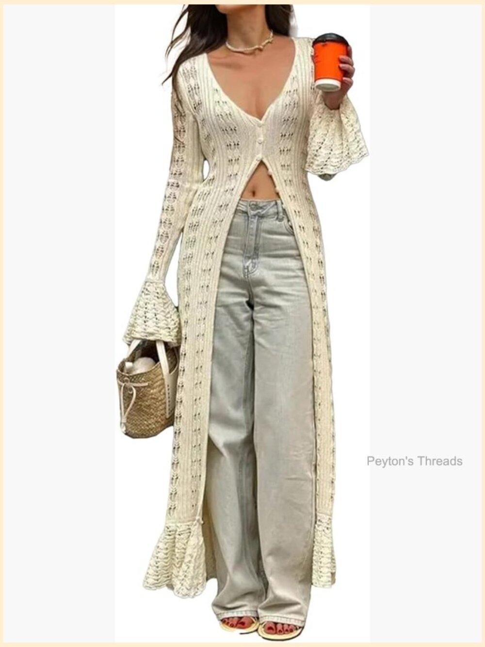 Women Long Crochet Cardigan Button Up Knit Hollow Out Duster Sweater Maxi Dress